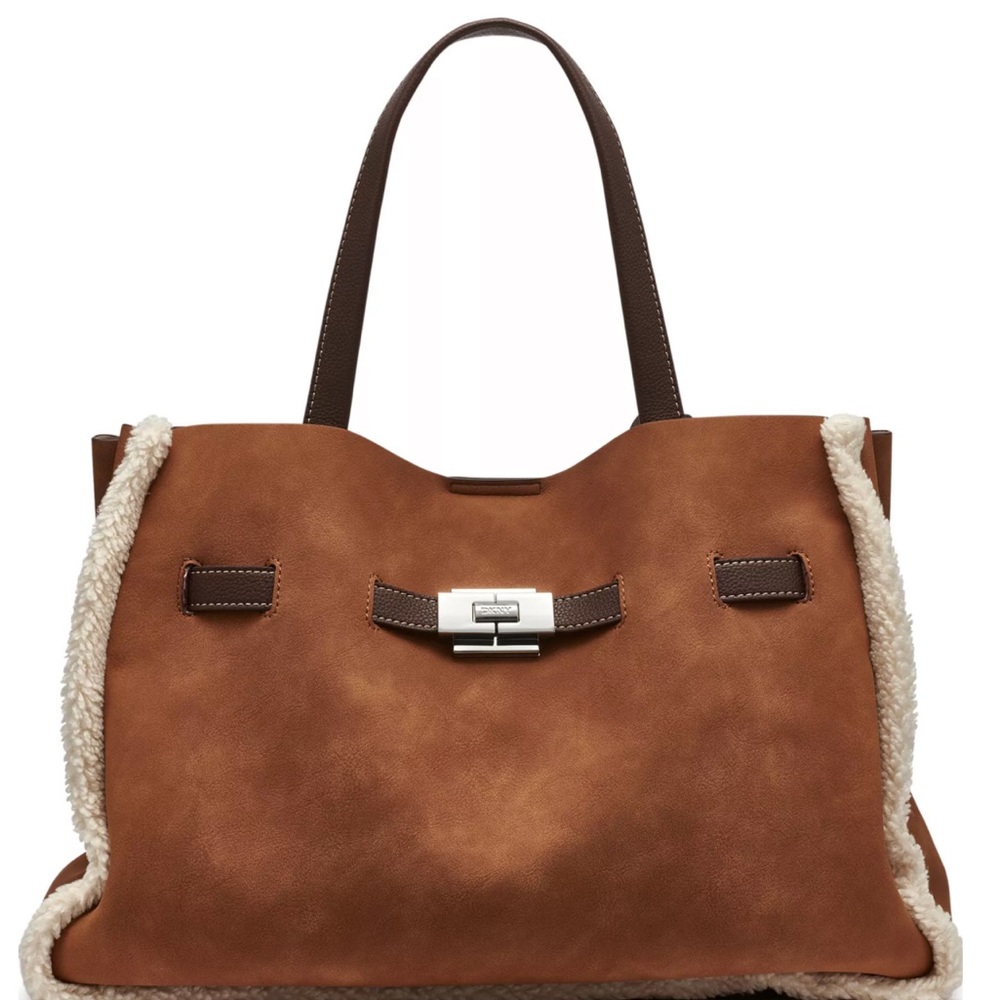 Donna Karan Brown Leather Satchel with Cream Accents